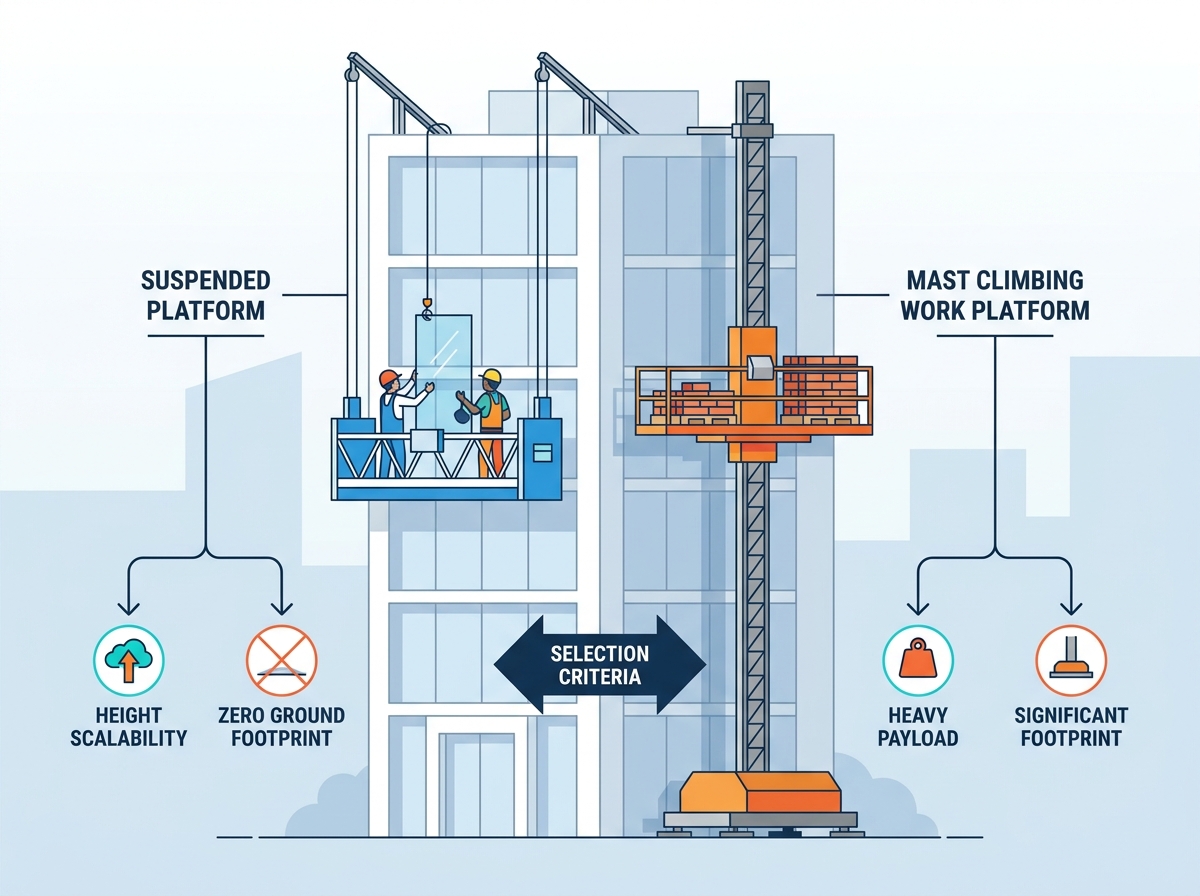 Mast Climbing Work Platform and Suspended Platform Comparison on a Construction Site